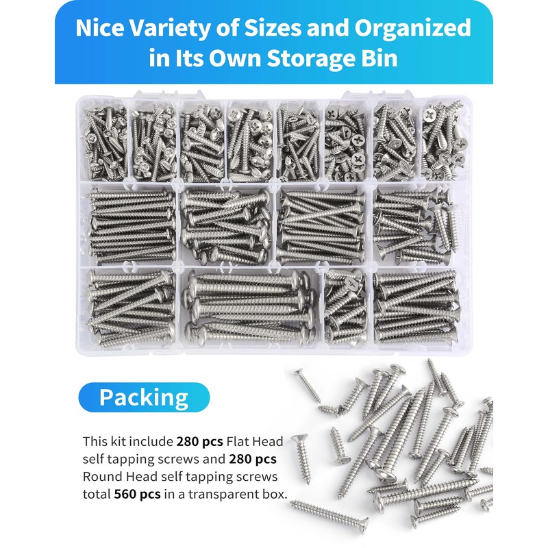 DIVANC 560Pcs 304 Stainless Steel Self Tapping Screws Assortment Set,