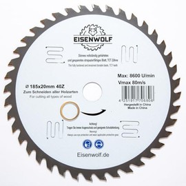 185 x 20 mm premium saw blade, circular saw blade for wood with 40 tilted TCT teeth and laser cuts for noise reduction
