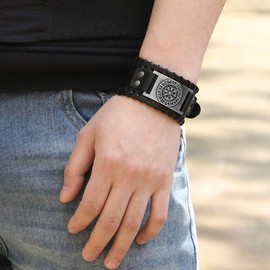 Juland Pack of 2 Men's Retro Wide Metal Men's PU Leather Bracelet Punk Style Bracelets Wide Belt Cuff Bangle Rock Wrap for Men Boys Adjustable, Faux Leather