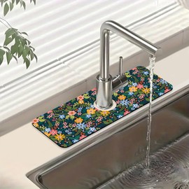 Colorful Flower Sink Splash Guard Faucet Mat Flowers Leaves Super Absorbent Fast Drying Mat Sink Gadgets-Splash Guard Behind Faucet Drip Catcher for Kitchen Bathroom, 15.5"x5.5"