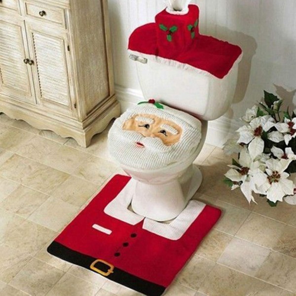 Uten 3 Pieces Xmas Toilet Seat Cover Decorations, Snowman Santa Toilet Seat Cover and Rug and Tissue Box Cover Set Red for Christmas Home Bathroom Decor
