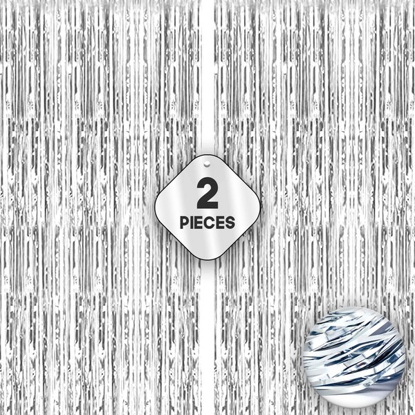 "Set of 2" Bling Tassel Curtain Glamorous Metallic Christmas Party Curtain Wedding Props Birthday Photography Backdrop Decoration Event Decoration (Silver)