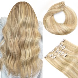 HOTBANANA Clip in Hair Extensions, 14 inch 75g 5pcs Light Blonde Highlighted Golden Blonde Clip in Hair Extensions Real Human Hair Remy Hair Stright Clip in Hair Extensions