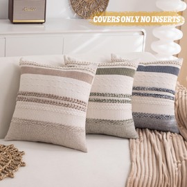Hompooll 18x18 Boho Throw Pillow Covers, Decorative Farmhouse Couch Pillow Cover Set Of 2 Neutral Coastal Stripe Pillow Cover For Living Room Sofa Bedroom Home Decor, Textured Cushion Pillowcase Khaki
