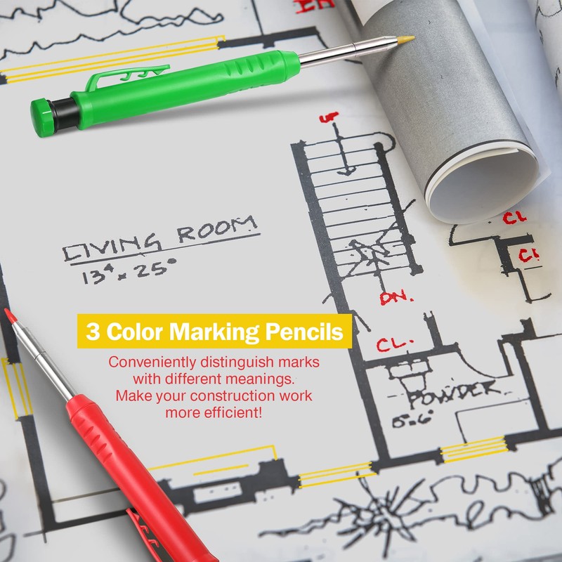 Hiboom 3 Pack Solid Carpenter Pencil with 21 Refill, Long