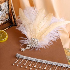 Formery Rhinestone 1920s Headband White Feather Flapper Headpiece Tassel Gatsby Headbands Bridal Cocktail Party Hair Accessories for Women