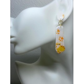 Polymer Clay Cat Paw Print Pierced Dangle Earrings, Yellow and White, Gold Colored
