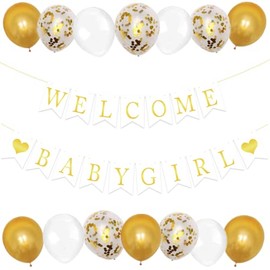 Pargleev Welcome Baby Girl Supplies Kit, Welcome Baby Girl Banner, 15Pcs Balloons for Baby Shower Party Decorations Gender Reveal Party 1st Birthday Party Decoration Supplies