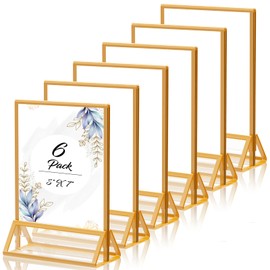 PPH-Sisy Gold Picture Frame 5X7 Acrylic Sign Holder with Gold Borders Double Sided Gold Acrylic Frames Clear Display Stand, Plastic Sign Holder for Wedding Table Numbers Menu Holder (6 Pack)