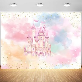 10x8ft Princess Castle Backdrop for Girl Birthday Pastel Rainbow Pink Castle Photography Background Birthday Baby Shower Party Banner Decorations Supplies Photo Booth Props