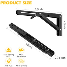 10 Inch Folding Shelf Brackets, Pynsseu Heavy Duty Stainless Steel Collapsible Black Shelf Bracket, DIY Triangle Folding Shelf Bracket Wall Mounted for Table Work Bench Space Saving, 4 Pack