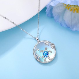 Suiknsn Sea Turtle Necklace for Women 925 Sterling Silver Moonstone Turtles Pendant Necklaces Ocean Jewelry Birthday Gifts for Friend Daughter