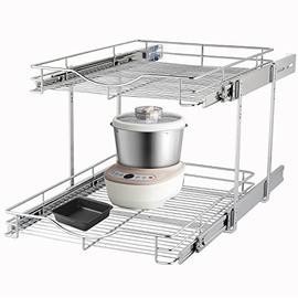 2 Tier Pull Out Cabinet Organizer(20"W X 18"D ), Double Tier Wire Basket Slide Out Shelf Storage for Kitchen Base Cabinet Organization ​for Kitchen, Pantry, Bathroom, Chrome