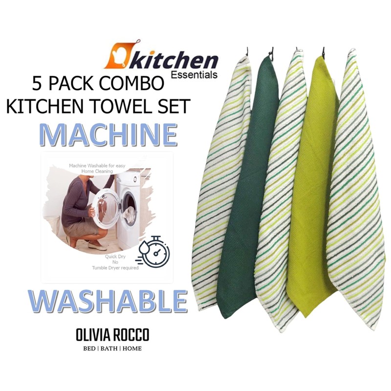 Olivia Rocco 5 Pack Striped Kitchen Tea Towels Cotton Super