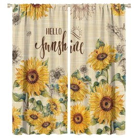 Sunflower Summer Curtains, Rustic Farmhouse Flower Window Treatments Vintage Floral Gnomes Bees Butterfly Rod Pocket Window Drapes for Bedroom Living Room 42x45in