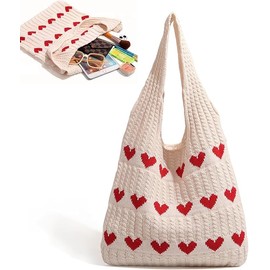 FAINCA Women's Beach Bag, Shoulder Bag, 30 x 36 cm, Crochet Bag, Heart-Shaped Beach Bag, Women, Teenagers and Girls, Knitted Bag, Tote Bag for Shopping, Holiday, Travel (Beige)