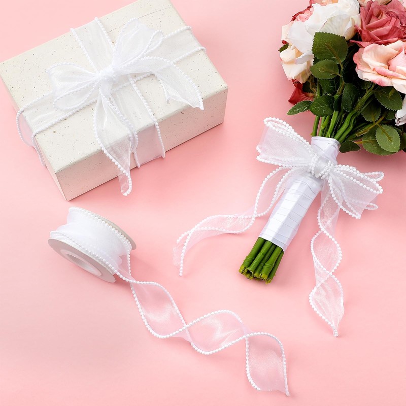 2 Rolls Pearl Edge Chiffon Ribbon 9M White Sheer Organza