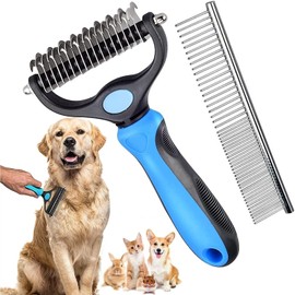 Dematting Comb Pet Grooming Tool Set Dedicated Pet Grooming Rake and Brushes Double Sided Deshedding Supplies Gently Safe Removes Knots Tangled Hair Undercoat Mats for Small Medium Large Long and Thick Haired Dog Cat Rabbit Horse with Steel Comb(Navy blu