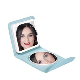Handheld Bi-fold Makeup Mirror with LED Light, Compact PU Leather Foldable Vanity Mirror, Two Sides Makeup Mirror with 1X/5X Magnifier, Rechargeable Pocket/Purse Mirror