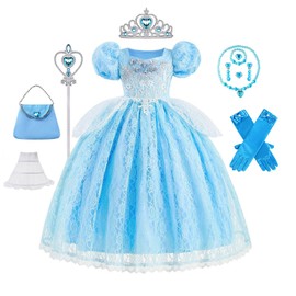 LJNYIE Princess Dresses for Girls-Girls Blue Princess Costume Puff Sleeve 3-11 Year Old for Birthday Christmas Party（6-7 Years）