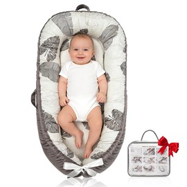 Baby Lounger | Organic Cotton Infant Lounger | Reversible, Adjustable & Portable Floor Lounger | Soft, Breathable, Washable Cover-Grey Leaves