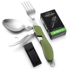 HIKENTURE 4-in-1 Camping Utensils,Stainless Steel Spoon Fork Knife Combo with Bottle Opener,Backpacking Eating Cutlery for Traveling,Hiking,Scouting Hobo Multitool Set (Army Green)