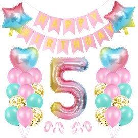 5th Birthday Decorations for Girl, Rainbow Number 5 Foil Balloons Latex Balloons Happy Birthday Banner Kids Birthday Party Decoration Supplies