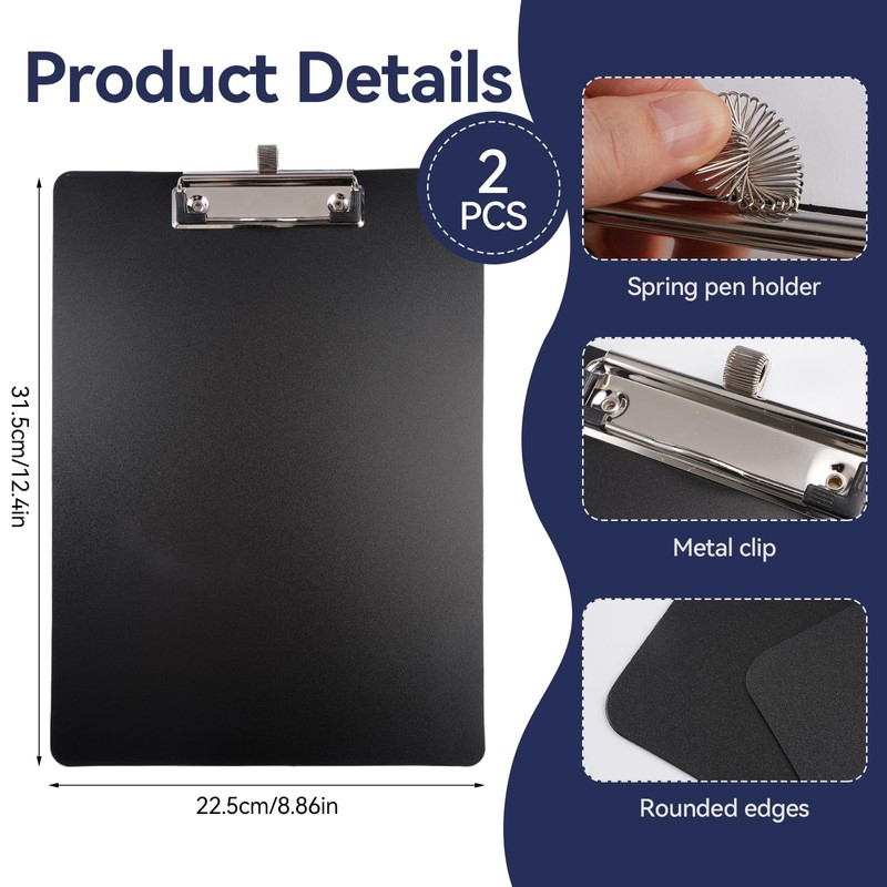 Pack of 2 A4 Black Clipboard with Pen Holder, Writing