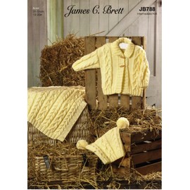 James C Brett Aran Knitting Pattern Baby Cable Knit Coat Hat & Blanket (JB788), Yellow, 12 - 20 inch