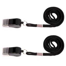 Plume'CHJ 2 Packs Plastic Sports emergency whistle with lanyard and mouth Grip, loud and clear sound, plastic whistle is perfect for lifeguards, self-defense and emergencies（2-black）