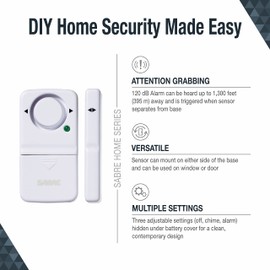SABRE Door and Window Alarm Kit, 120 dB Alarm, Audible Up To 1,580-Feet (480-Meters), Chime, Away, Home And Panic Modes, Sensors Work On Left And Right Hinged Doors, Low Battery Indicator