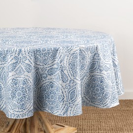 Elrene Home Fashions Savannah Boho Paisley Water- and Stain-Resistant Vinyl Tablecloth with Flannel Backing, 60 Inches X 84 Inches, Oval, Blue