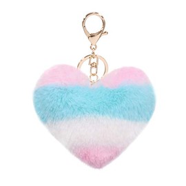 Women's Heart Puffball Keychain Faux Fur Pom Pom Keyholder Bag Accessory Keyring Backpack Charms for Girls(Multicolor-L)