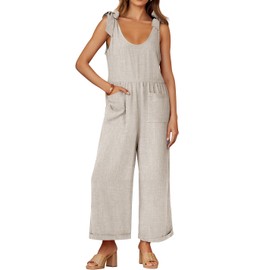 ZESICA Women's Summer Loose Sleeveless Jumpsuits Linen Adjustable Straps Oversized Wide Leg Long Overall Rompers with Pockets,Apricot,X-Large