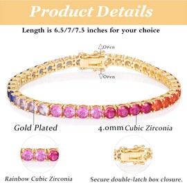 Gemsme 4.0MM Tennis Bracelet for Women-Rainbow Cubic Zirconia Bracelet,14K Gold Plated Colorful Round Cut CZ Tennis Link for Jewelry Gift, 6.5 inch