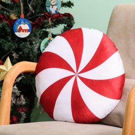 MixTeach Christmas Candy Throw Pillows Round Red White Pillow Lollipop Pattern Throw Soft Christmas Cushion for Bedroom Living Room Sofa Couch Chair Bench Xmas Holiday Home Decor, 14 Inch