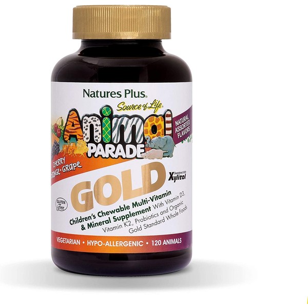 NaturesPlus Animal Parade Source of Life Gold Children's Multivitamin (4 Pack) - Assorted Cherry, Orange & Grape Flavors - 120 Chewable Tablets - Vegetarian, Gluten-Free - 240 Total Servings