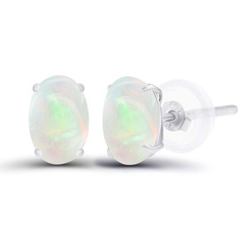 Solid 14K White Gold 6x4mm Oval Natural Opal October Birthstone Genuine Stud Earrings For Women
