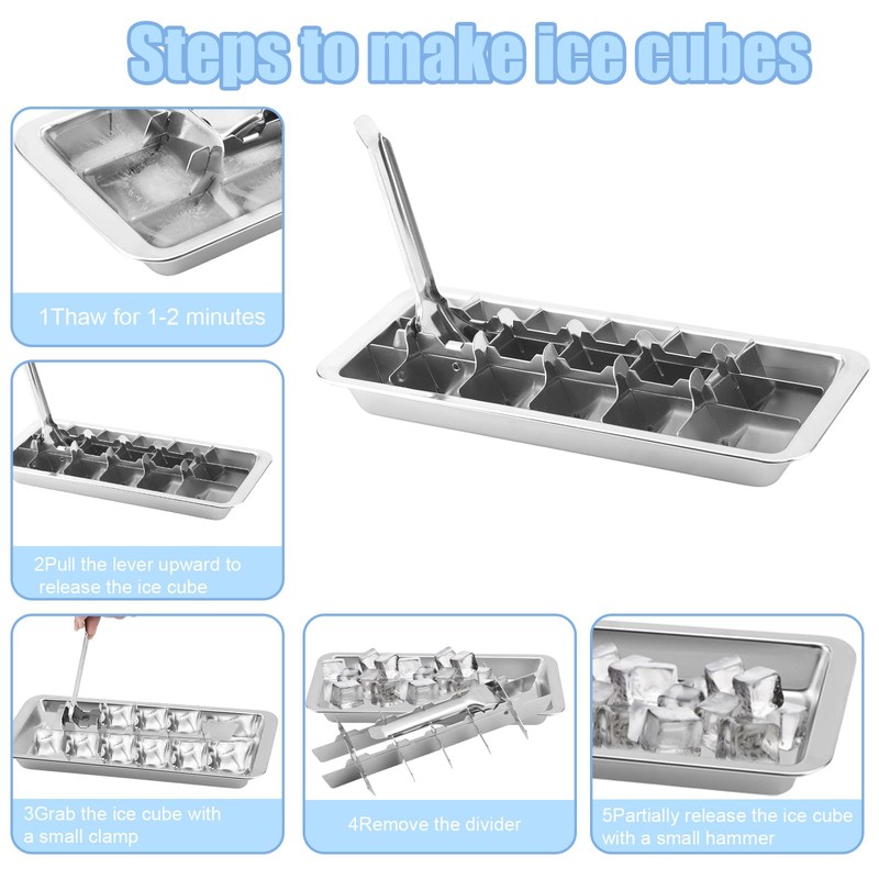 Stainless Steel Ice Cube Trays with Detachable Handle, 18-Slot Metal