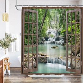 Forest Waterfall Shower Curtain Tropical Rainforest Jungle Nature Scenic Green Tree Water Lake Misty Landscape Polyester Fabric Bathroom Decor Set with Hooks 70W x 70H Inch
