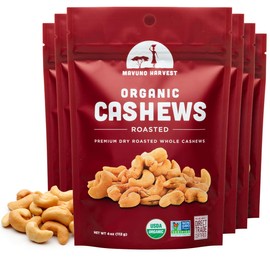 Mavuno Harvest Organic Roasted Cashews | Unsalted Whole Cashews | Dry Roasted Cashew Nuts | Vegan, Low Sodium, Non GMO Healthy Snacks for Kids & Adults | Office Friendly Work Snack | 4 Ounce, 6 Pack