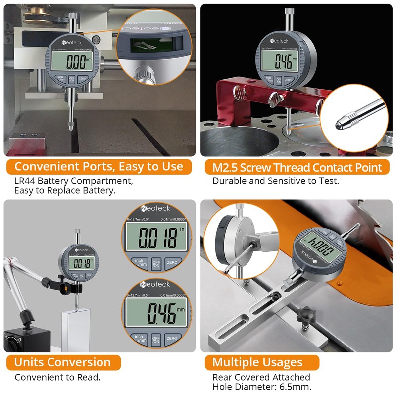Neoteck DTI Digital Dial Indicator 0.01mm/0.0005 inch Digital Probe Indicator