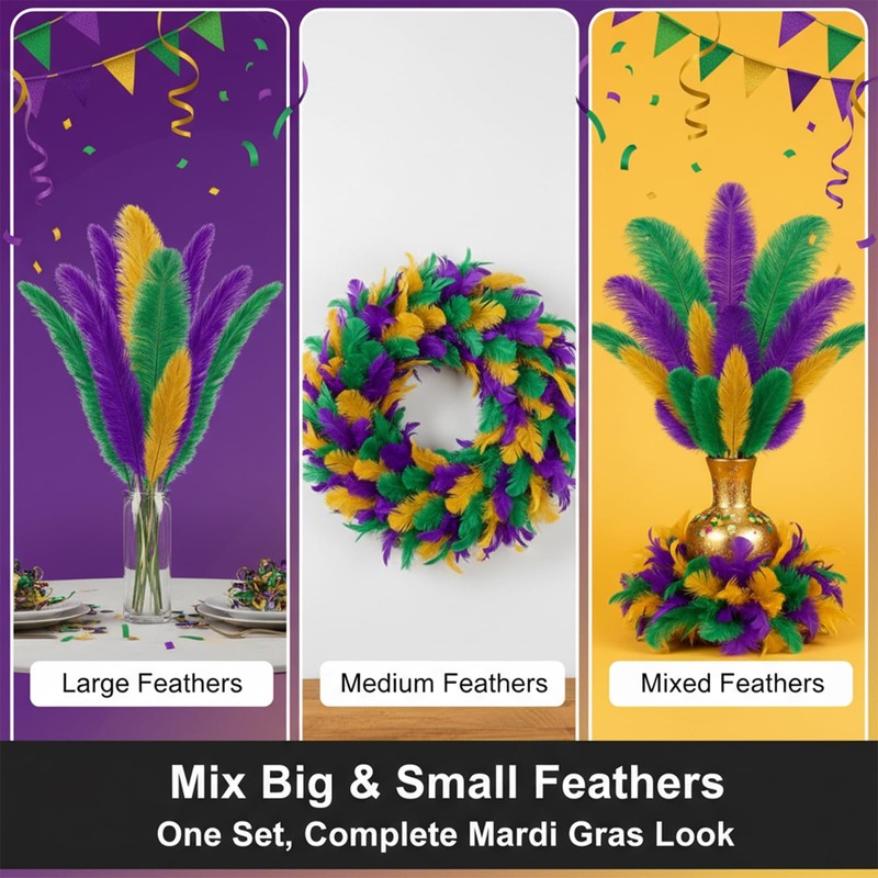 24 Pcs Carnival Feathers Bulk, Gold Green Purple Ostrich Feathers