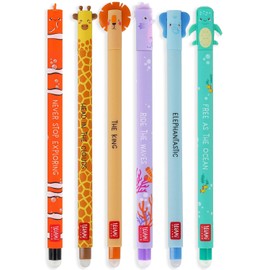 LEGAMI - Set of 6 Erasable Gel Pens with Thermosensitive Erase Ink, Range of ink colours & barrel designs, 0.7mm Tip, Savannah + Under the Sea Designs