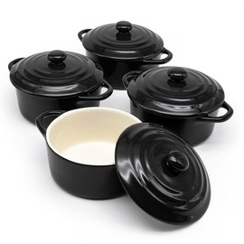 Kook Ceramic Mini Cocotte Set, Small Casserole Dishes with Lids and Handles, Individual Baking Ramekins, Oven, Microwave & Dishwasher Safe, Stoneware, 12 oz, Set of 4 (Black)