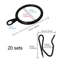 WYAN 20 Sets Metal Curtain Hanging Rings and Metal Curtain Drapery Pin Hooks,Curtain Rings,Curtain Hooks for Windows,Doors,Shower Curtains,Curtains(Electroplated Black)