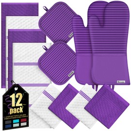 Oven Mitts Kitchen Towels and Dishcloths with Pot Holders Sets, Oven Gloves Hot Pads 500°F Heat Resistant with Silicone Grip, Include 2 Cooking Gloves/2 Potholders/4 Kitchen Towels/4 Dish Towels