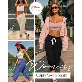 Ficerd 3 Pcs Women's Capri Sweatpants Joggers Casual Sports Cropped Lounge Pants High Waisted Athletic with Pockets (Black, Denim Blue, Apricot,Large)