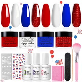 Honey Joy Honey Joy Dip Powder Nail Kit Starter,4 Colors Red White and Blue Nails Fourth of July Firework Dipping Powder Liquid Set with Base Top Coat for Nail Art Manicure Salon DIY, Dip-7pcs-12