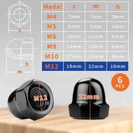 SWTYExt Acorn Nuts M12 Stainless Steel Pack of 6 Acorn Nuts DIN 1587 High Shape High Quality A2 V2A Cap Nuts Black Screw Caps Hex Cap Nuts for Screws Nut Threaded Rod Threaded Bolts
